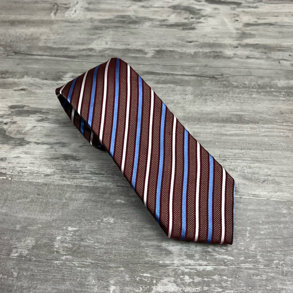 Tattersall Maroon w/ Blue & White Stripe Skinny Tie
